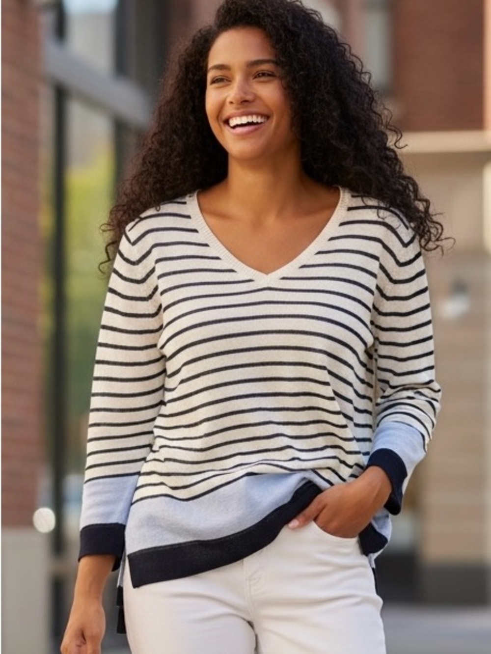 Talbots 100% Linen Striped V-Neck Sweater Size S